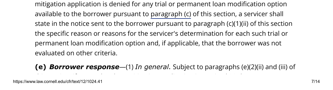 Screenshot of 12 CFR 1024.41(d), Denial notice requirements