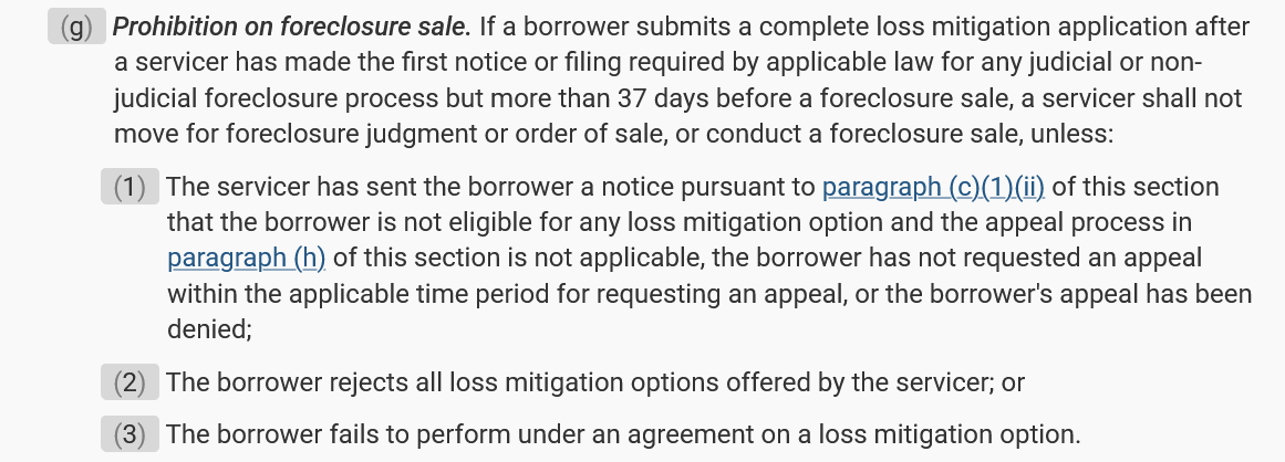 Screenshot of 12 CFR 1024.41(g), Prohibition on dual tracking