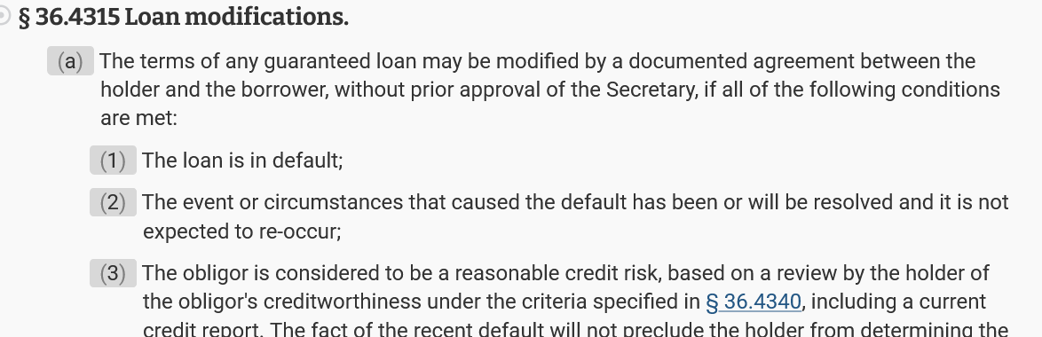 Screenshot of 38 CFR 36.4315(a)(2), Loan modification terms