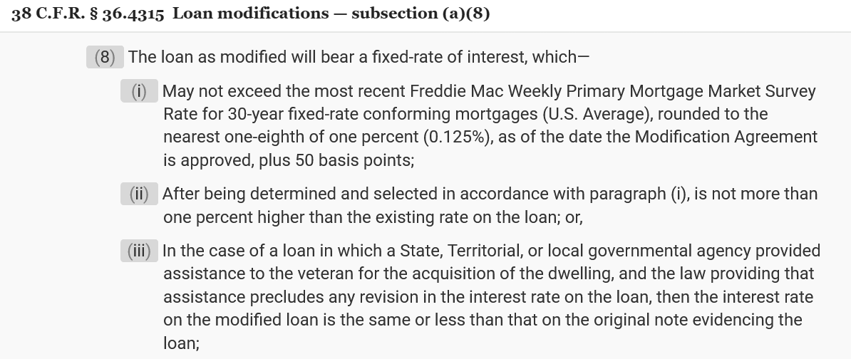Screenshot of 38 CFR 36.4315(a)(8), Loan modification limits