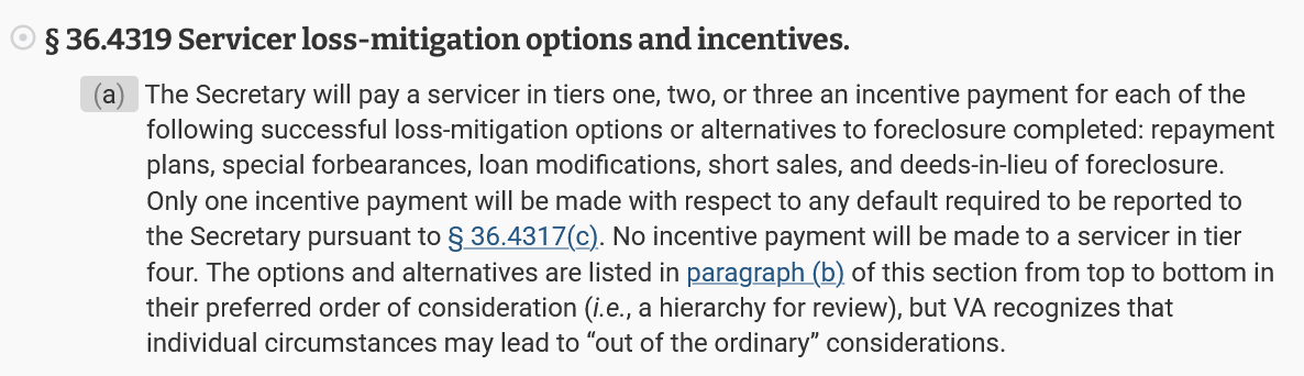 Screenshot of 38 CFR 36.4319(a), Servicer loss-mitigation options
