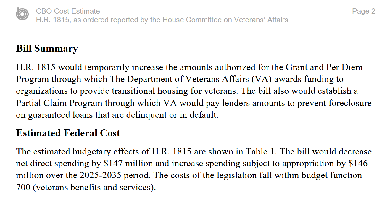 Screenshot of CBO cost estimate, H.R. 1815, Net savings projection