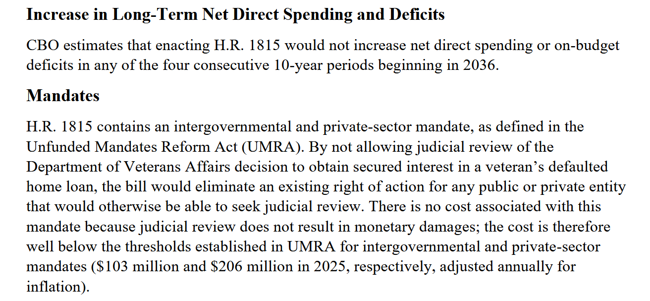 CBO cost estimate for H.R. 1815, Mandates section. Text reads that by not allowing judicial review of the Department of Veterans Affairs decision to obtain secured interest in a veteran’s defaulted home loan, the bill would eliminate an existing right of action for any public or private entity that would otherwise be able to seek judicial review, and that there is no cost associated with this mandate because judicial review does not result in monetary damages.