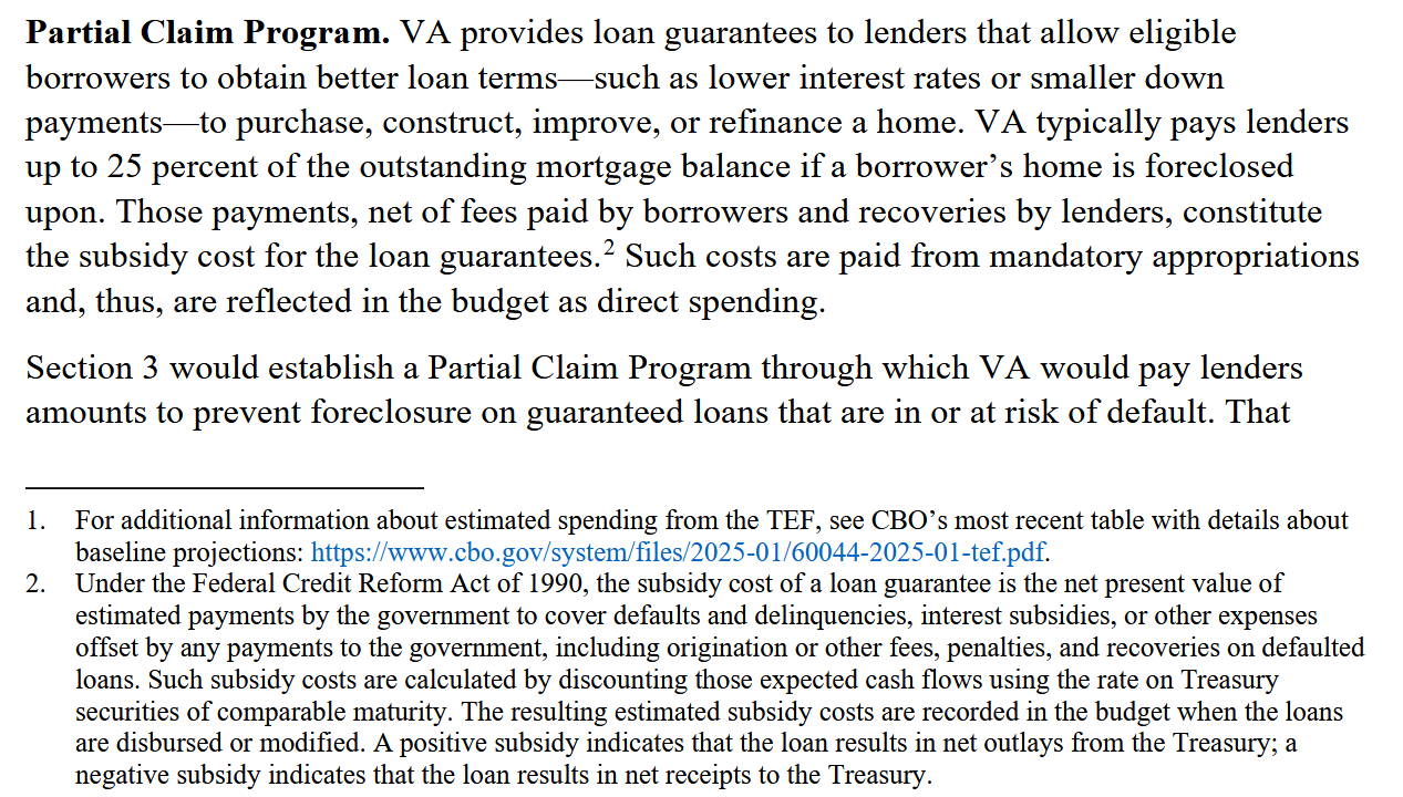 CBO cost estimate for H.R. 1815, Partial Claim Program section. Text states VA typically pays lenders up to 25 percent of the outstanding mortgage balance if a borrower’s home is foreclosed upon, that those payments net of borrower fees and lender recoveries constitute the subsidy cost for the loan guarantees, that such costs are paid from mandatory appropriations and are reflected in the budget as direct spending, and that section 3 would establish a Partial Claim Program through which VA would pay lenders amounts to prevent foreclosure on guaranteed loans in or at risk of default.