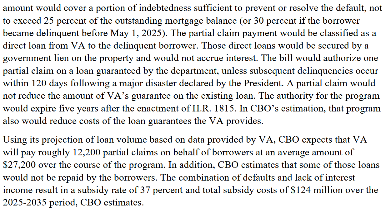 CBO cost estimate for H.R. 1815. Text states the partial claim amount would not exceed 25 percent of the outstanding mortgage balance, or 30 percent if the borrower became delinquent before May 1 2025; the payment is a direct loan from VA secured by a government lien and accruing no interest; the authority for the program would expire five years after the enactment of H.R. 1815; and CBO expects VA will pay roughly 12,200 partial claims at an average amount of $27,200 over the course of the program, with a subsidy rate of 37 percent and total subsidy costs of $124 million over 2025-2035.