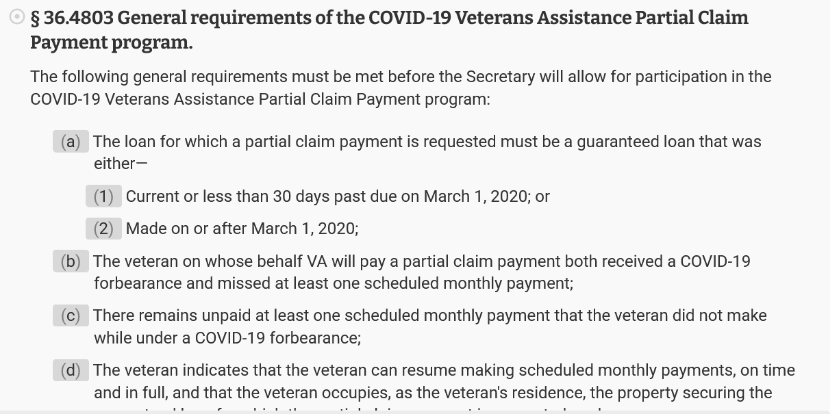 Screenshot of 38 CFR 36.4803, COVID-19 partial claim, general requirements