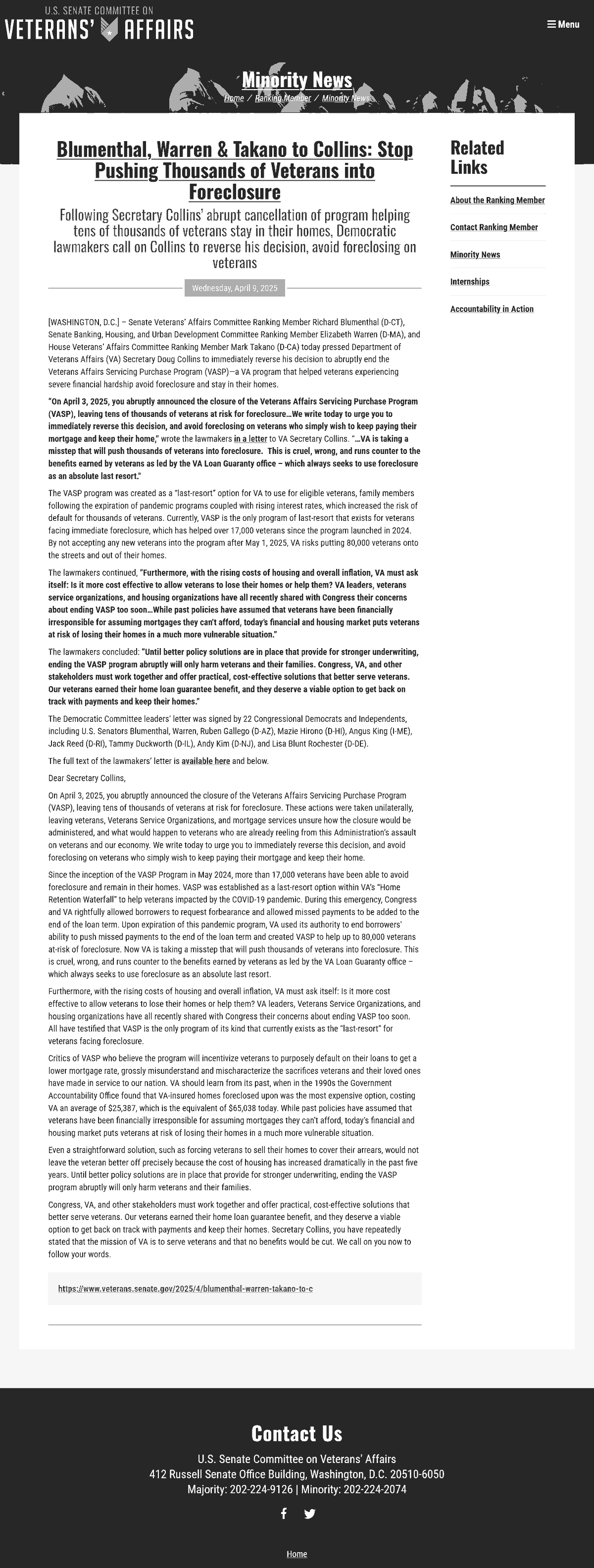 Screenshot of the Senate Veterans Affairs Committee minority news release of April 9 2025, showing the sentence stating the letter was signed by 22 Congressional Democrats and Independents and naming nine senators