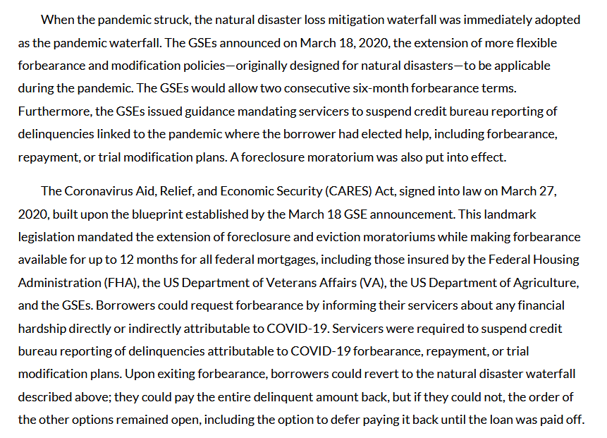 Page from the Urban Institute report describing the pandemic response. Text states that the natural disaster loss mitigation waterfall was adopted as the pandemic waterfall; that the CARES Act signed March 27, 2020 mandated extension of foreclosure and eviction moratoriums while making forbearance available for up to 12 months for all federal mortgages including VA; that borrowers could request forbearance by informing servicers of hardship attributable to COVID-19; and that on exiting forbearance borrowers could revert to the natural disaster waterfall, including the option to defer paying the amount back until the loan was paid off.