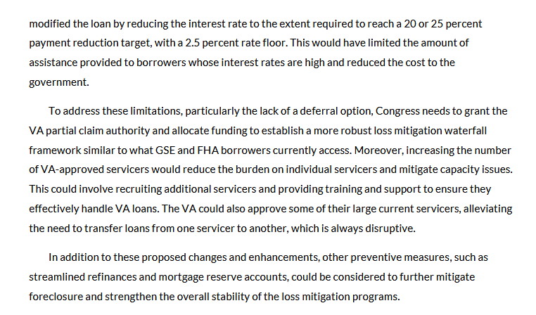 Page from the Urban Institute report. Text states that a modification reducing the interest rate to reach a 20 or 25 percent payment reduction target with a 2.5 percent rate floor would have limited assistance to borrowers whose interest rates are high and reduced the cost to the government; and that to address these limitations, particularly the lack of a deferral option, Congress needs to grant the VA partial claim authority and allocate funding to establish a more robust loss mitigation waterfall framework similar to what GSE and FHA borrowers currently access.