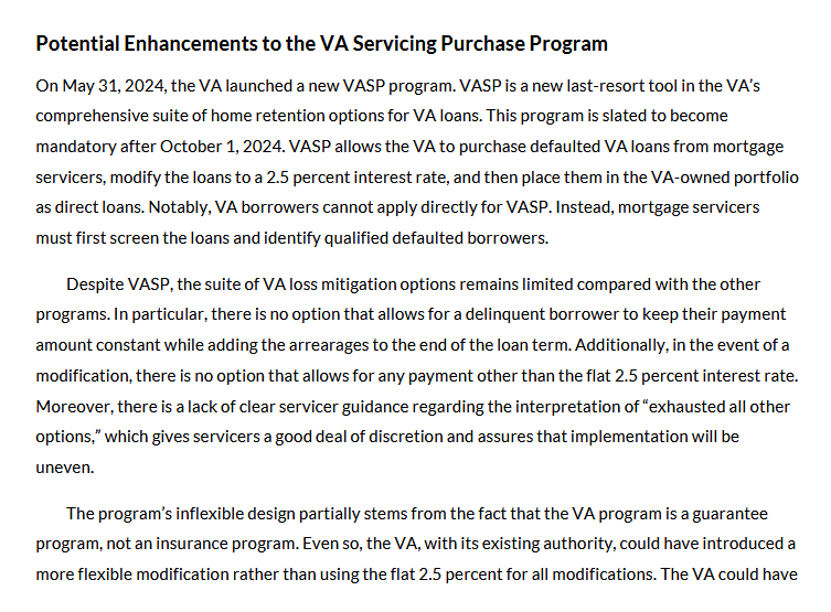 Page from the Urban Institute report headed Potential Enhancements to the VA Servicing Purchase Program. Text states that VA borrowers cannot apply directly for VASP and that mortgage servicers must first screen loans and identify qualified defaulted borrowers; that there is a lack of clear servicer guidance regarding the interpretation of exhausted all other options, which gives servicers a good deal of discretion and assures that implementation will be uneven; and that the VA, with its existing authority, could have introduced a more flexible modification rather than using the flat 2.5 percent for all modifications.