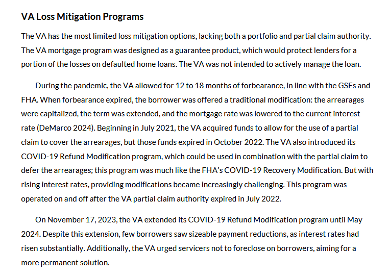 Page from the Urban Institute report headed VA Loss Mitigation Programs. Text states the VA has the most limited loss mitigation options, lacking both a portfolio and partial claim authority; that beginning in July 2021 the VA acquired funds to allow use of a partial claim to cover arrearages but those funds expired in October 2022; that the COVID-19 Refund Modification program was operated on and off after the VA partial claim authority expired; and that on November 17, 2023 the VA extended the Refund Modification program until May 2024 while urging servicers not to foreclose.