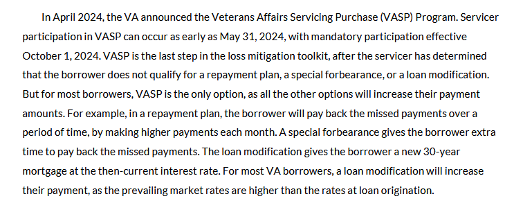 Page from the Urban Institute report describing VASP. Text states that in April 2024 the VA announced the Veterans Affairs Servicing Purchase Program, with servicer participation as early as May 31, 2024 and mandatory participation effective October 1, 2024; that VASP is the last step in the loss mitigation toolkit; that for most borrowers VASP is the only option as all other options increase their payment amounts; and that for most VA borrowers a loan modification will increase their payment because prevailing market rates are higher than the rates at loan origination.