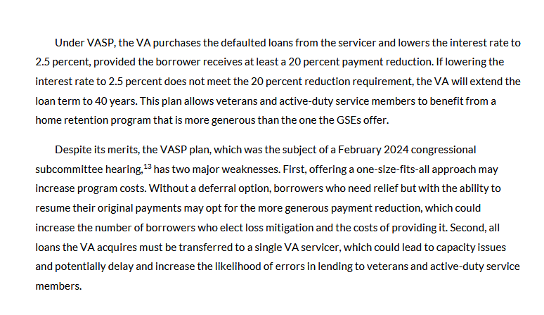 Page from the Urban Institute report describing VASP mechanics. Text states that under VASP the VA purchases defaulted loans from the servicer and lowers the interest rate to 2.5 percent provided the borrower receives at least a 20 percent payment reduction, extending the loan term to 40 years if needed; that this is more generous than the GSE home retention program; and that the VASP plan, the subject of a February 2024 congressional subcommittee hearing, has two major weaknesses including that all loans the VA acquires must be transferred to a single VA servicer, which could lead to capacity issues and increase the likelihood of errors.